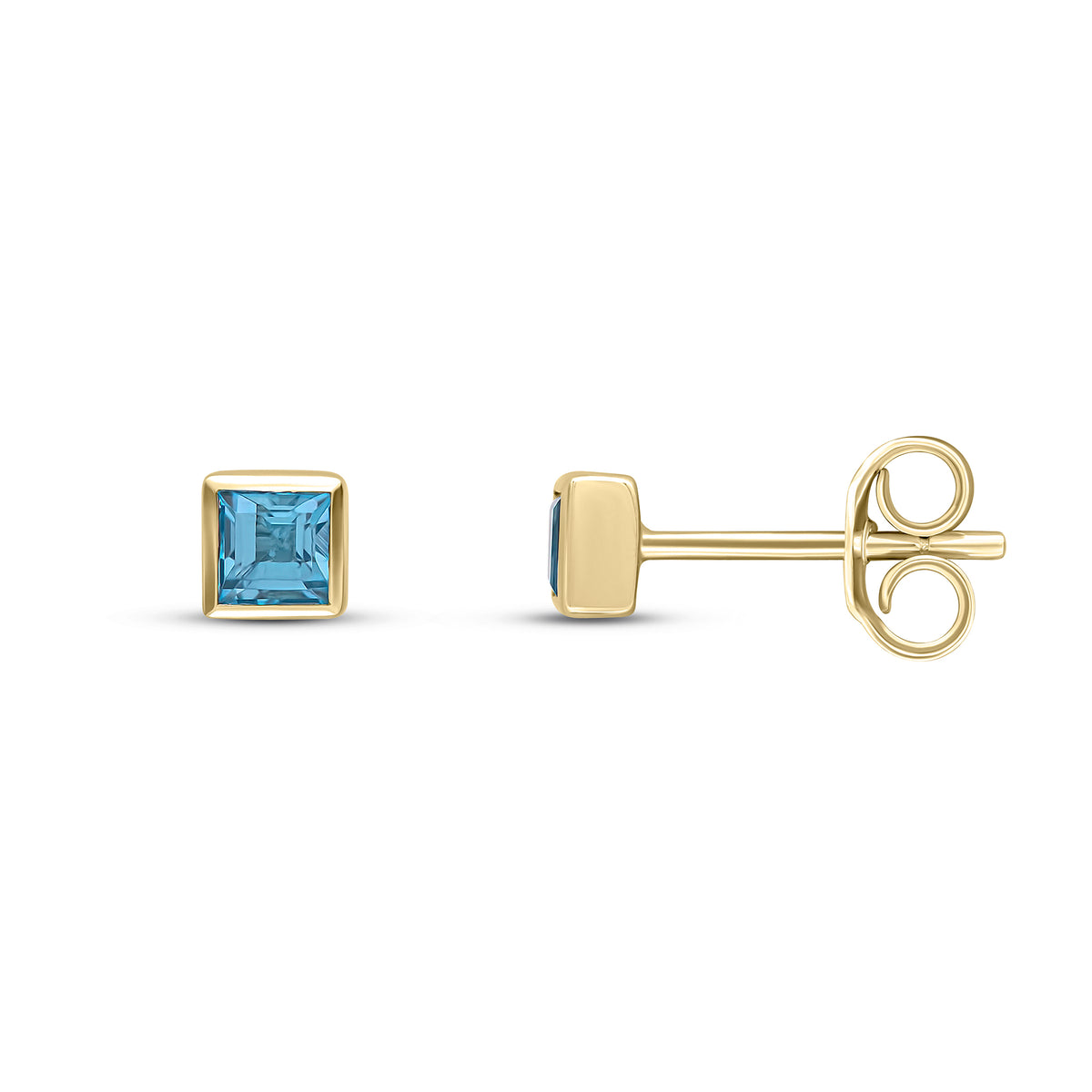9CT YG 3MM SQUARE SWISS BLUE TOPAZ RUBOVER SET EARRINGS