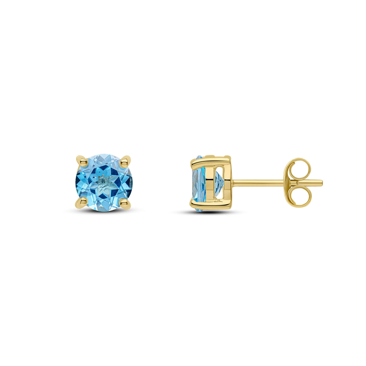 9CT YG 6MM ROUND SWISS BLUE TOPAZ 4 CLAW EARRINGS