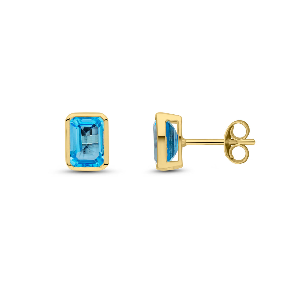 9CT YG 7X5 OCTAGON SWISS BLUE TOPAZ RUBOVER SET EARSTUDS