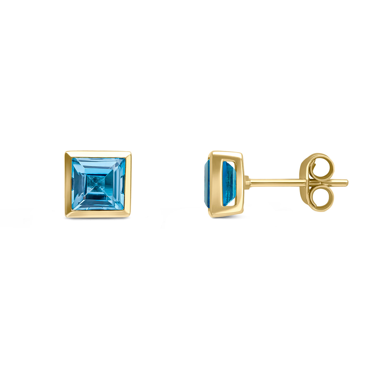 9CT YG 5MM SQUARE SWISS BLUE TOPAZ RUBOVER SET EARRINGS