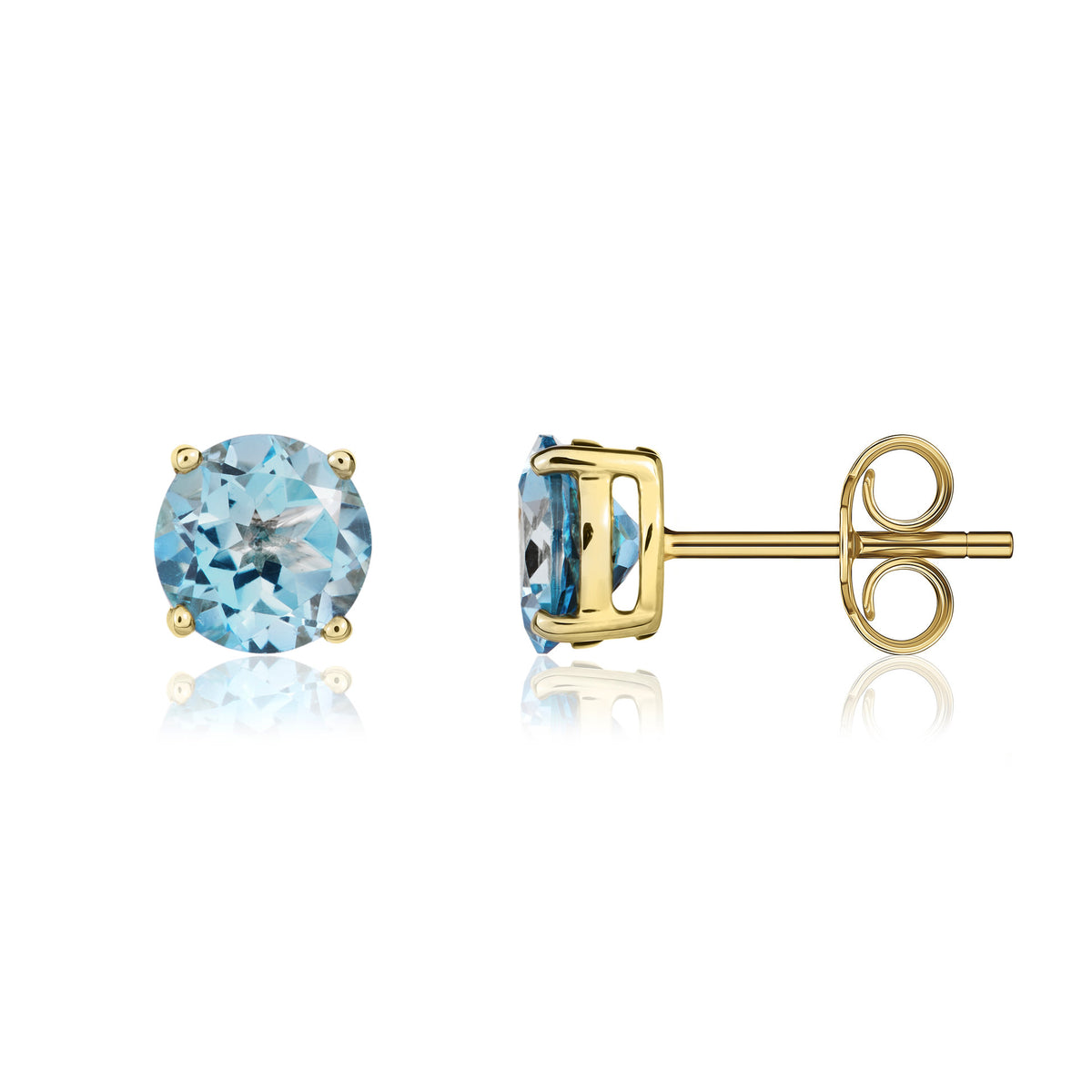 9CT YG 7MM ROUND SWISS BLUE TOPAZ CLAW SET EARRINGS