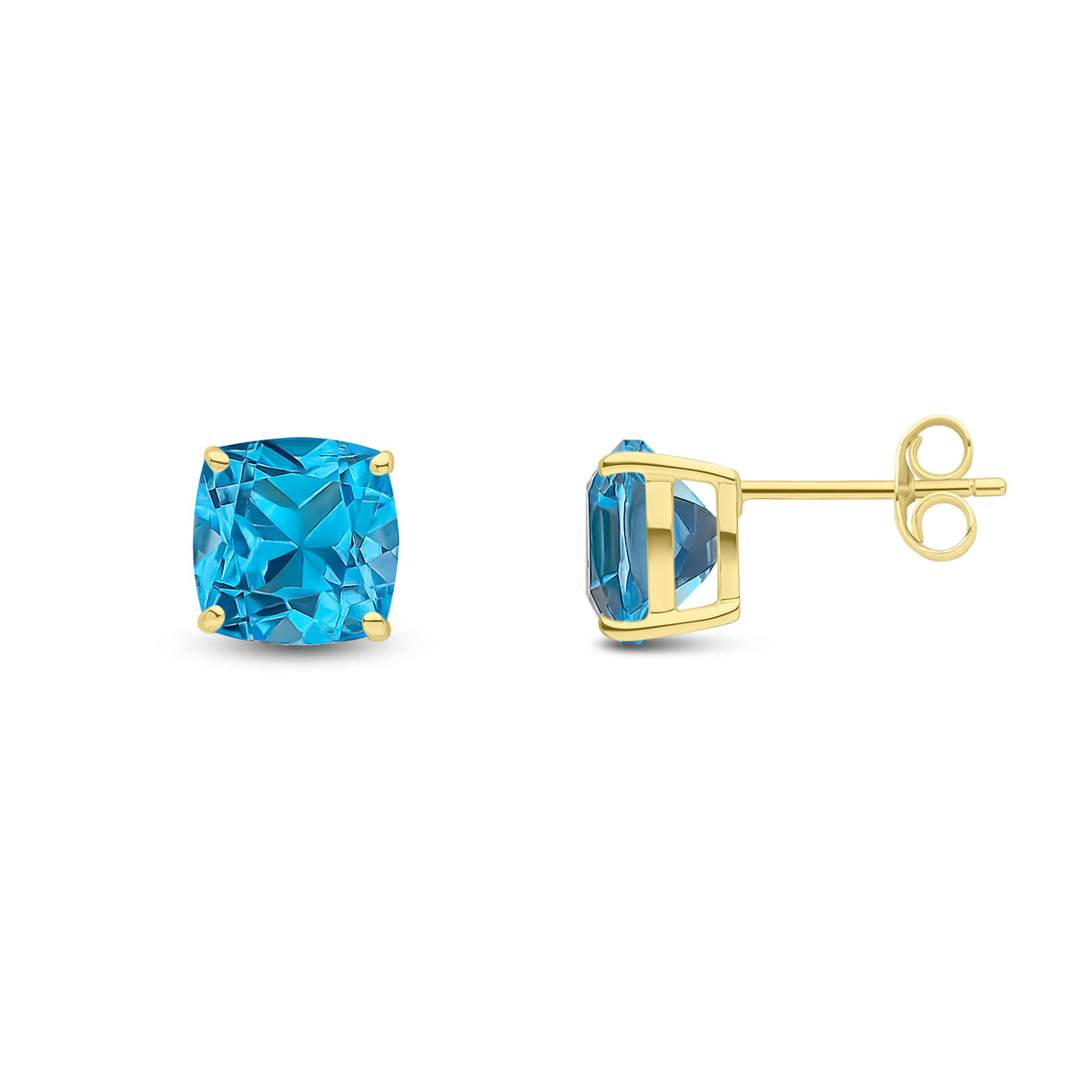 9CT YG 8MM CUSHION SWISS BLUE TOPAZ CLAW SET EARRINGS
