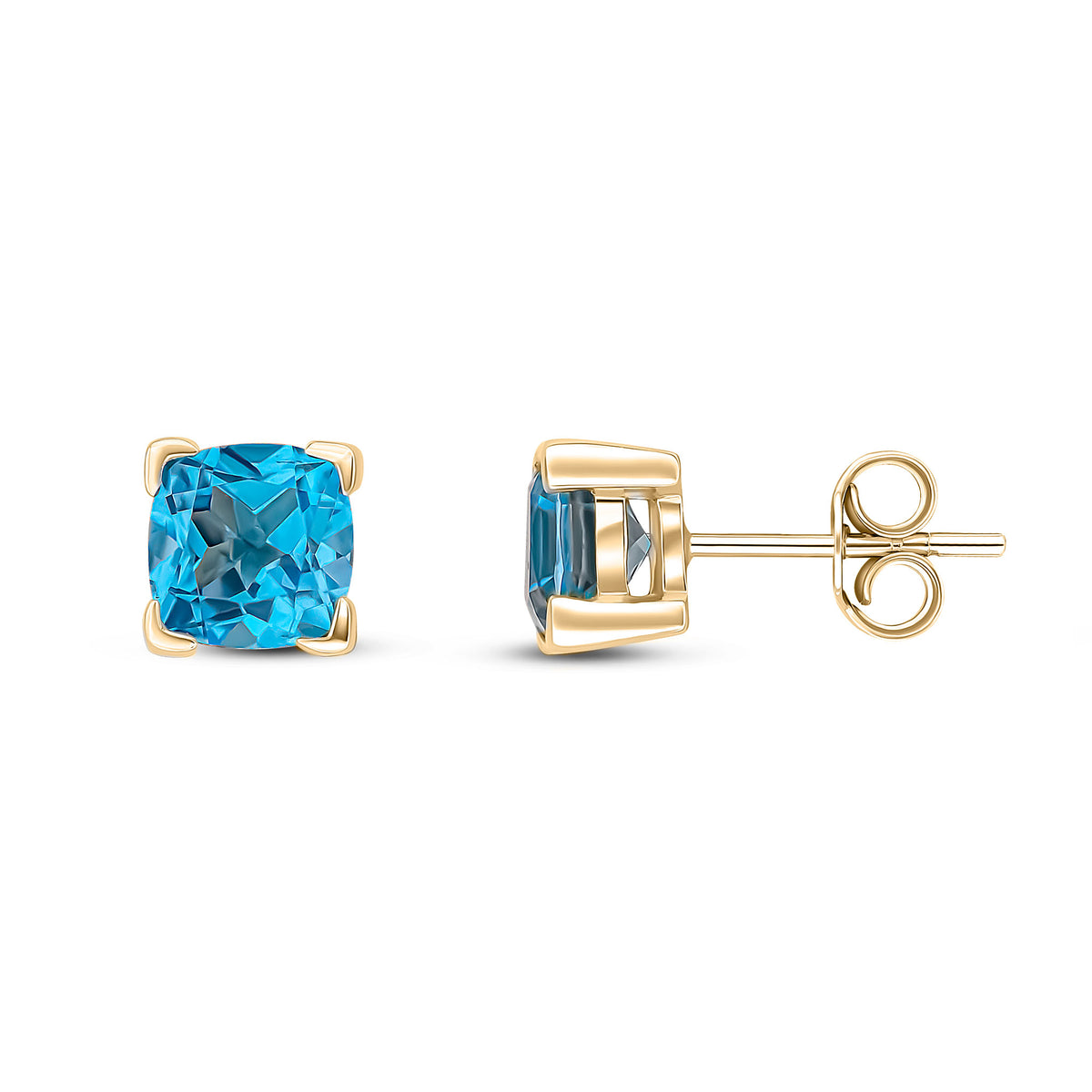 9CT YG 6MM CUSHION SWISS BLUE TOPAZ CLAW SET EARRINGS