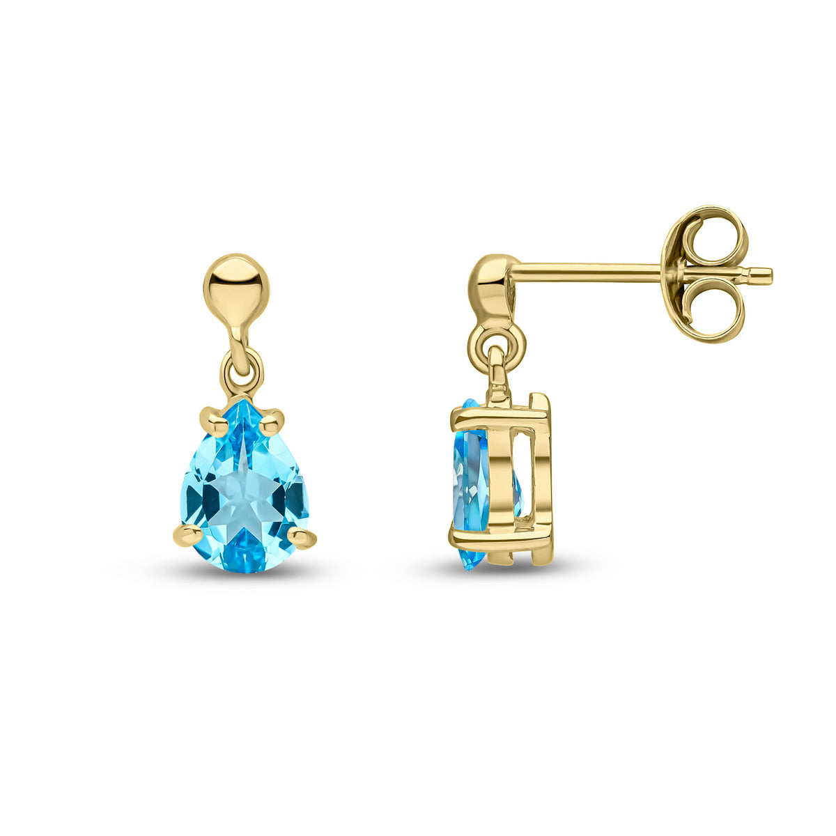 9CT YG 7X5 PEARSHAPE SWISS BLUE TOPAZ CLAW SET DROP EARRINGS WITH BEAD TOP