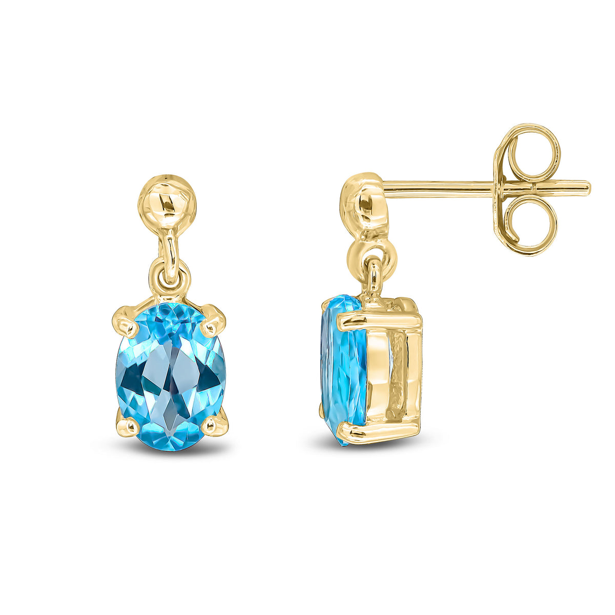 9CT YG OVAL 7X5MM SWISS BLUE TOPAZ CLAW DROP EARRINGS WITH BEAD TOP