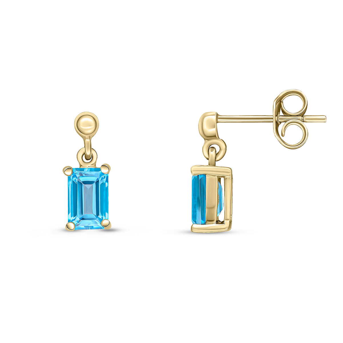 9CT YG 6X4 OCTAGON SWISS BLUE TOPAZ CLAW SET DROP EARRINGS WITH BEAD TOP