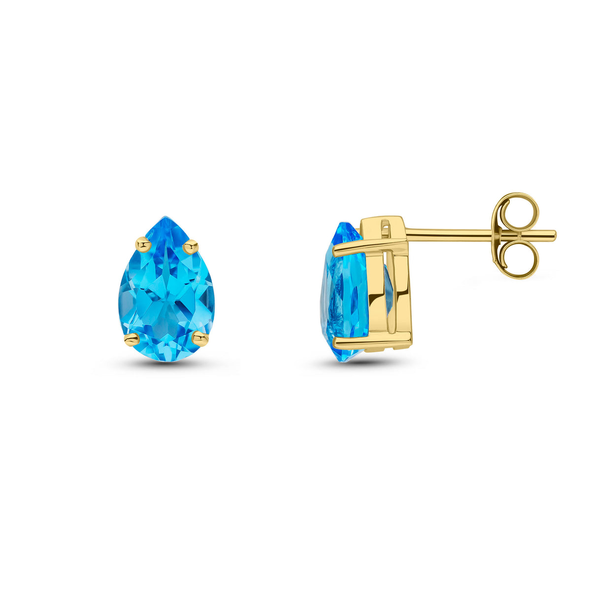 9CT YG 9X6 PEARSHAPE SWISS BLUE TOPAZ 4 CLAW EARRINGS