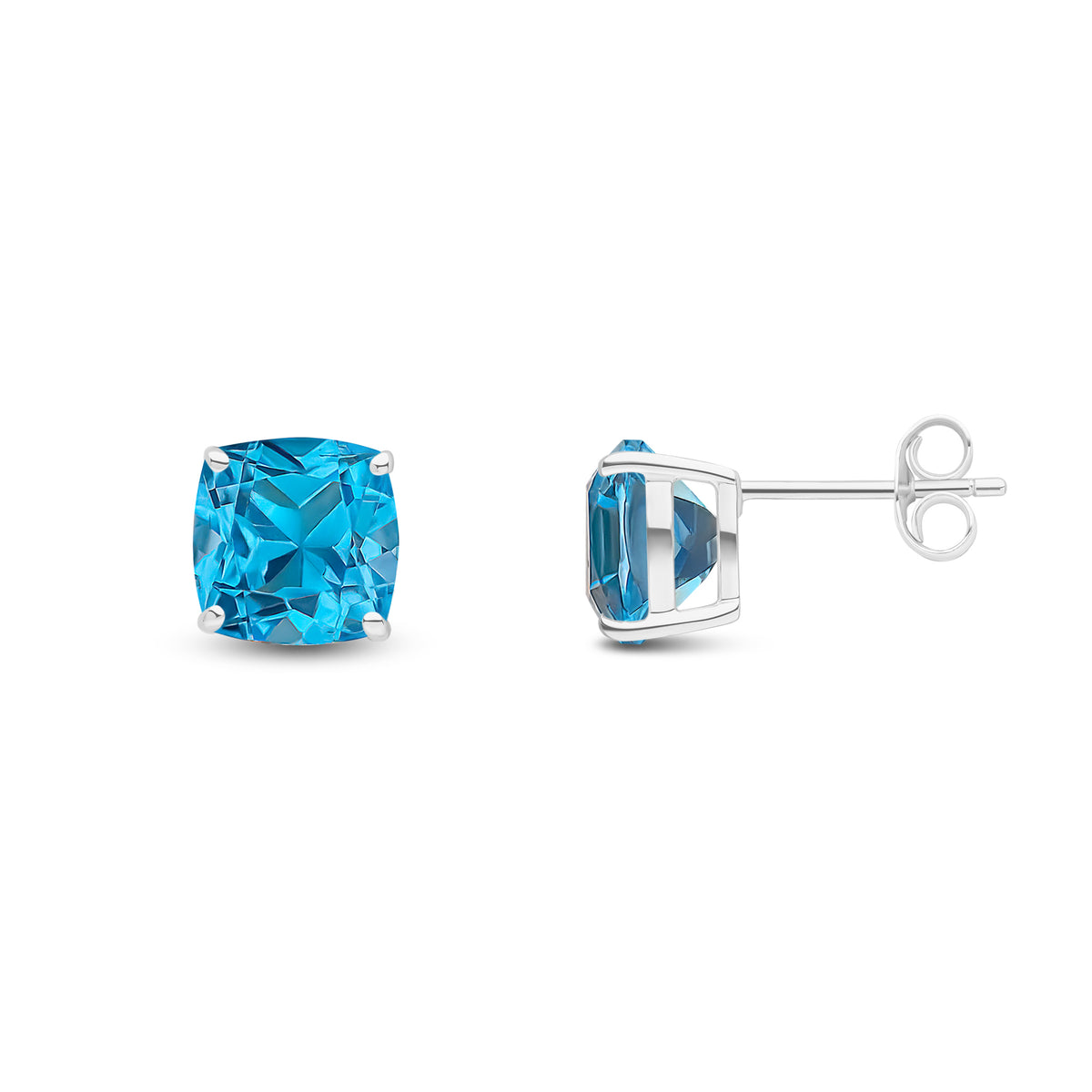 9CT WG 8MM CUSHION SWISS BLUE TOPAZ CLAW SET EARRINGS