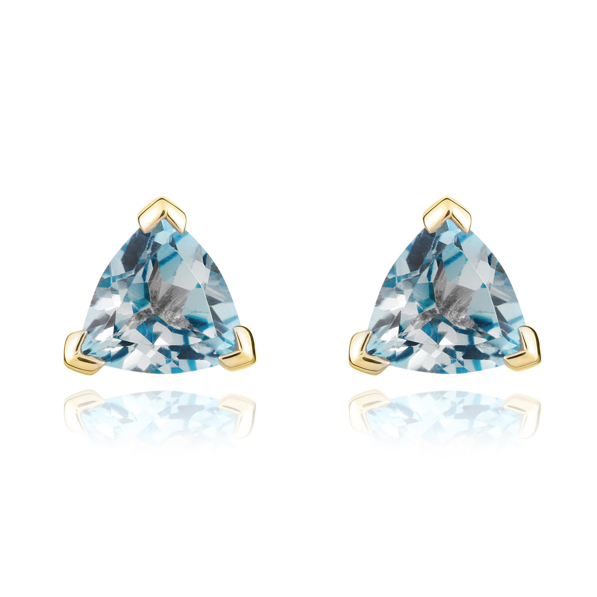 9CT YG 6MM TRILLIANT SWISS BLUE TOPAZ CLAW SET EARRINGS