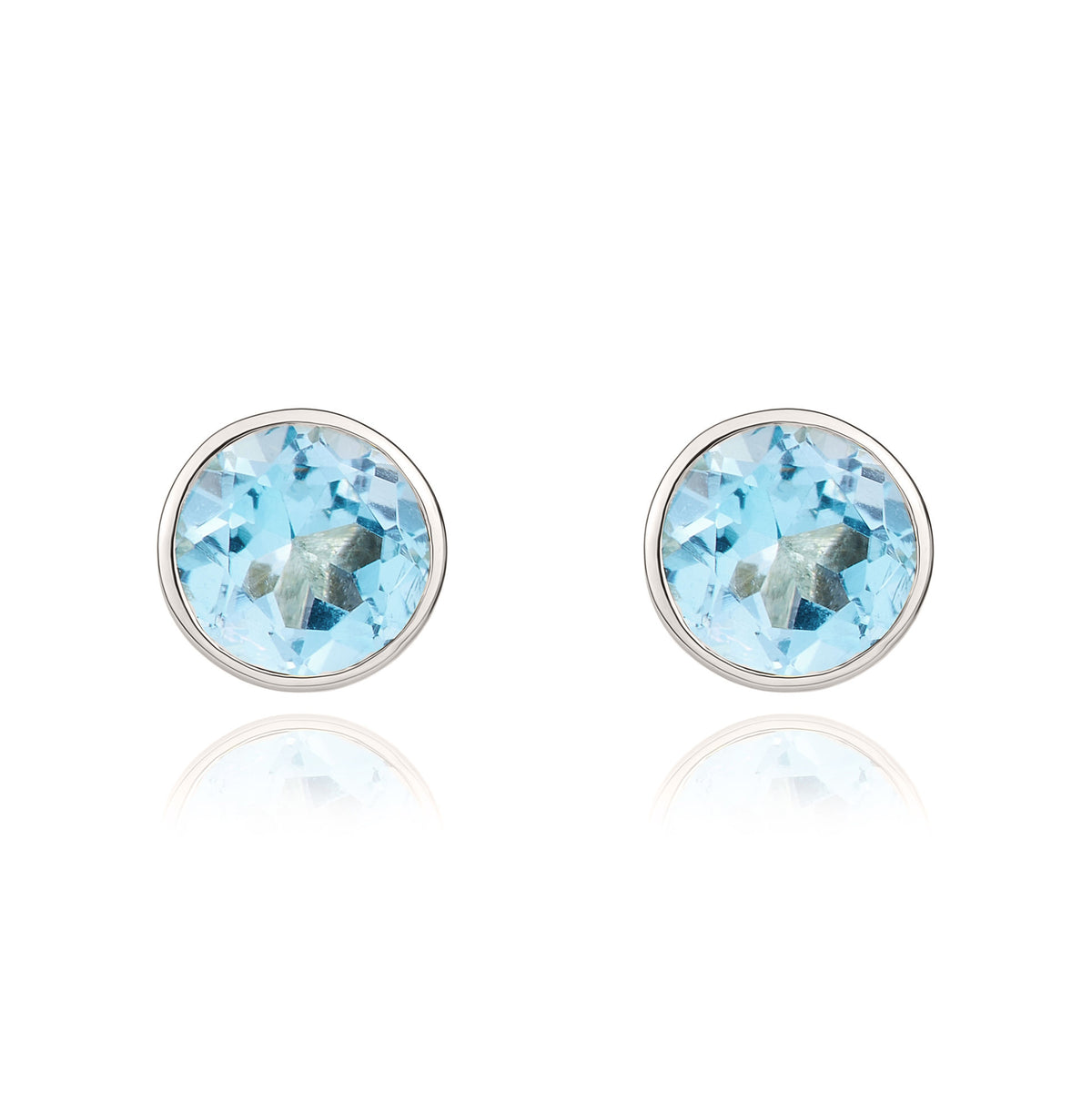 9CT WG 5MM ROUND SWISS BLUE TOPAZ RUBOVER STUD EARRINGS