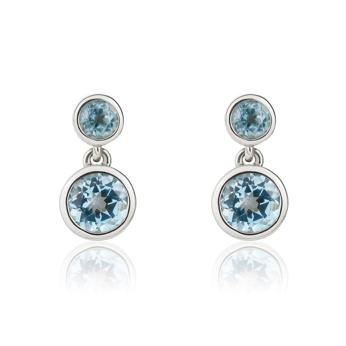 9CT WHITE GOLD ROUND SWISS BLUE TOPAZ RUBOVER 2ST DROP EARRINGS