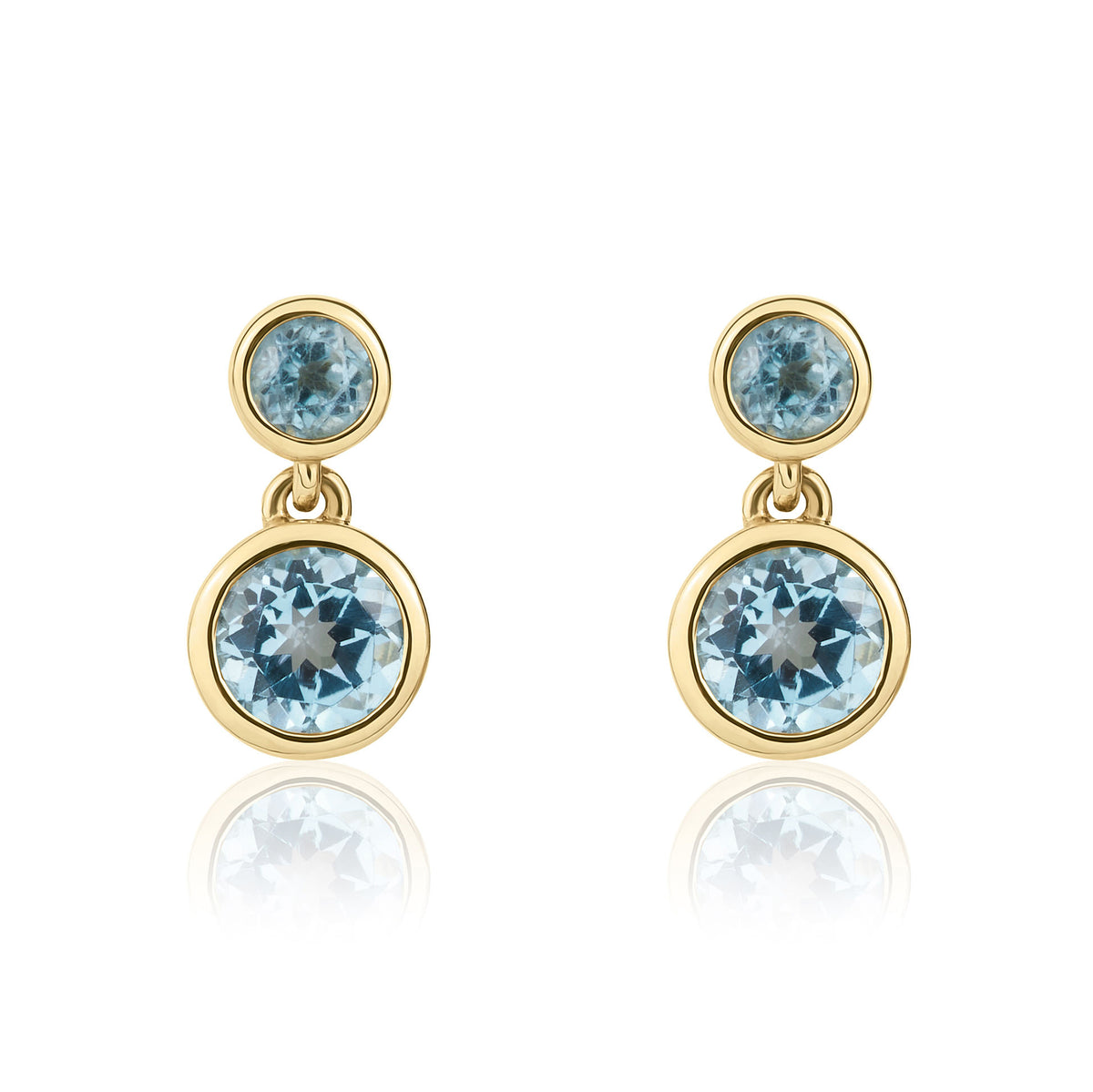 9CT YG ROUND SWISS BLUE TOPAZ RUBOVER 2ST DROP EARRINGS