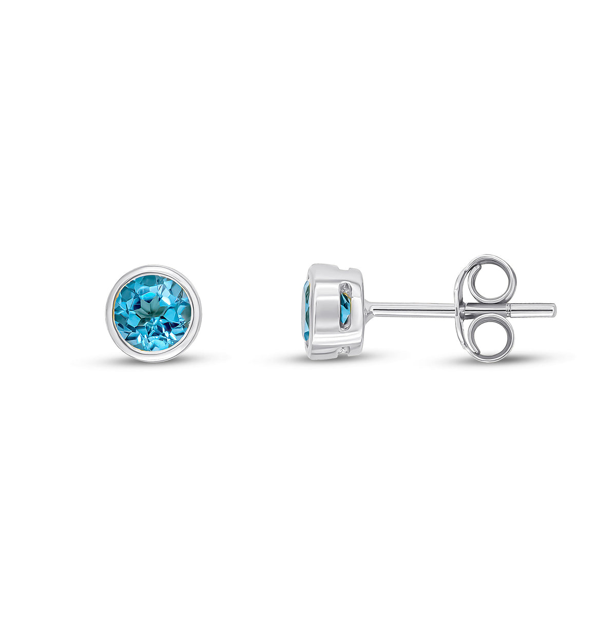9CT WG 4MM ROUND SWISS BLUE TOPAZ RUBOVER STUD EARRINGS