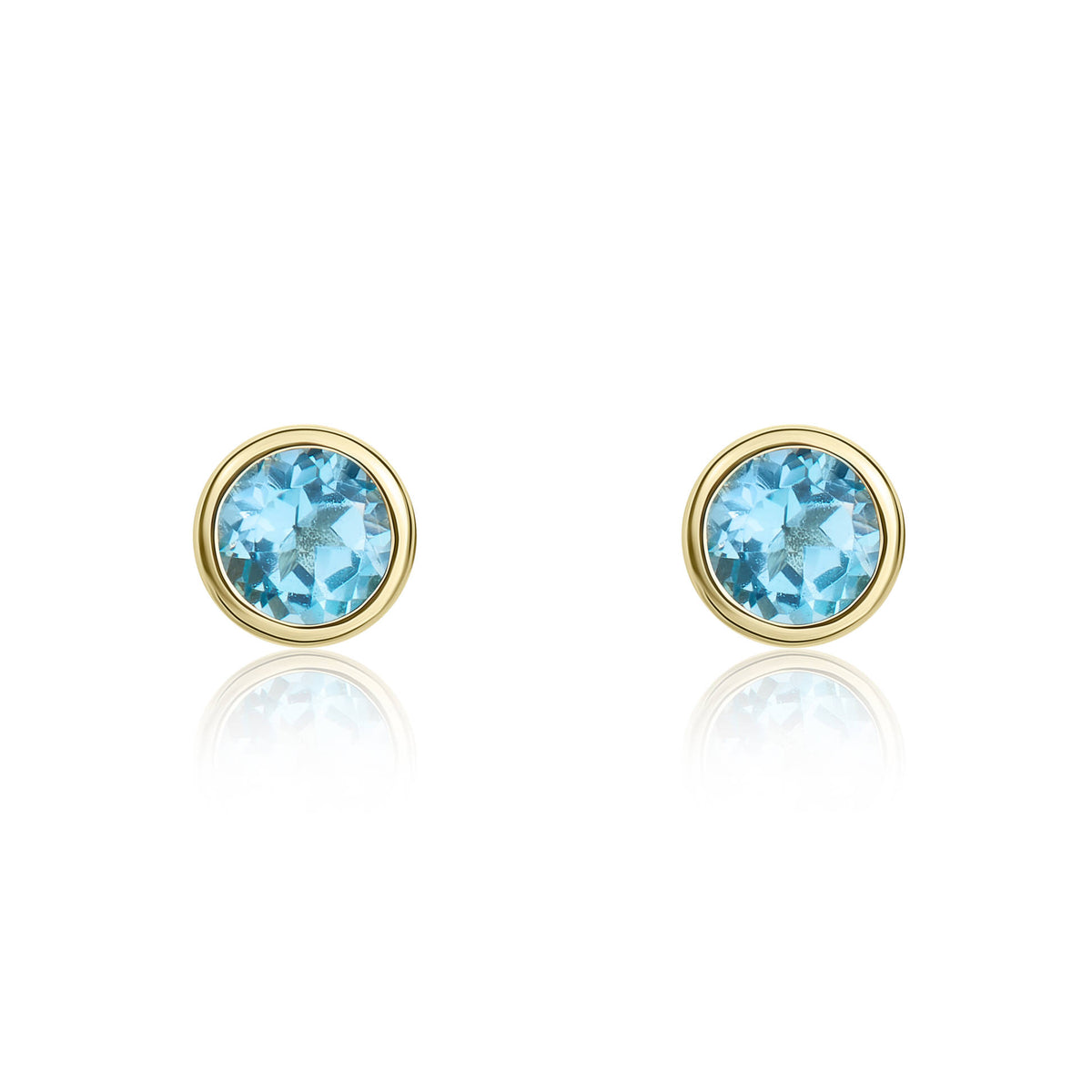 9CT YG 3MM ROUND SWISS BLUE TOPAZ RUBOVER STUD EARRINGS