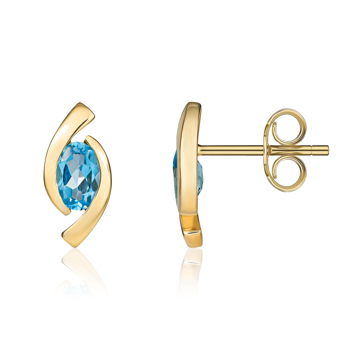 9CT YG 6X4 OVAL SWISS BLUE TOPAZ 'EYE' STUD EARRINGS