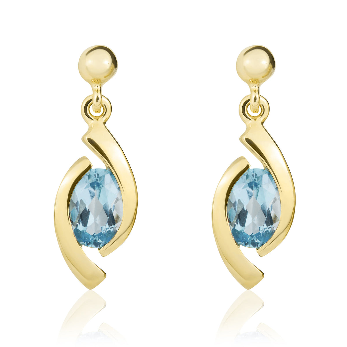 9CT YG OVAL SWISS BLUE TOPAZ 'EYE' DROP EARRINGS WITH 3MM BEAD TOP