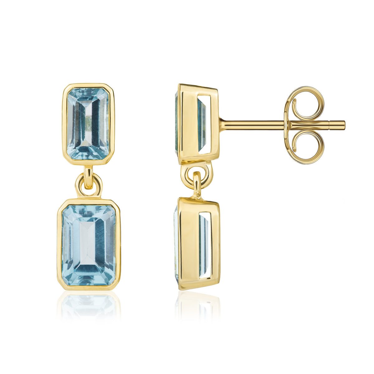 9CT YG OCTAGON SWISS BLUE TOPAZ RUBOVER 2ST DROP EARRINGS