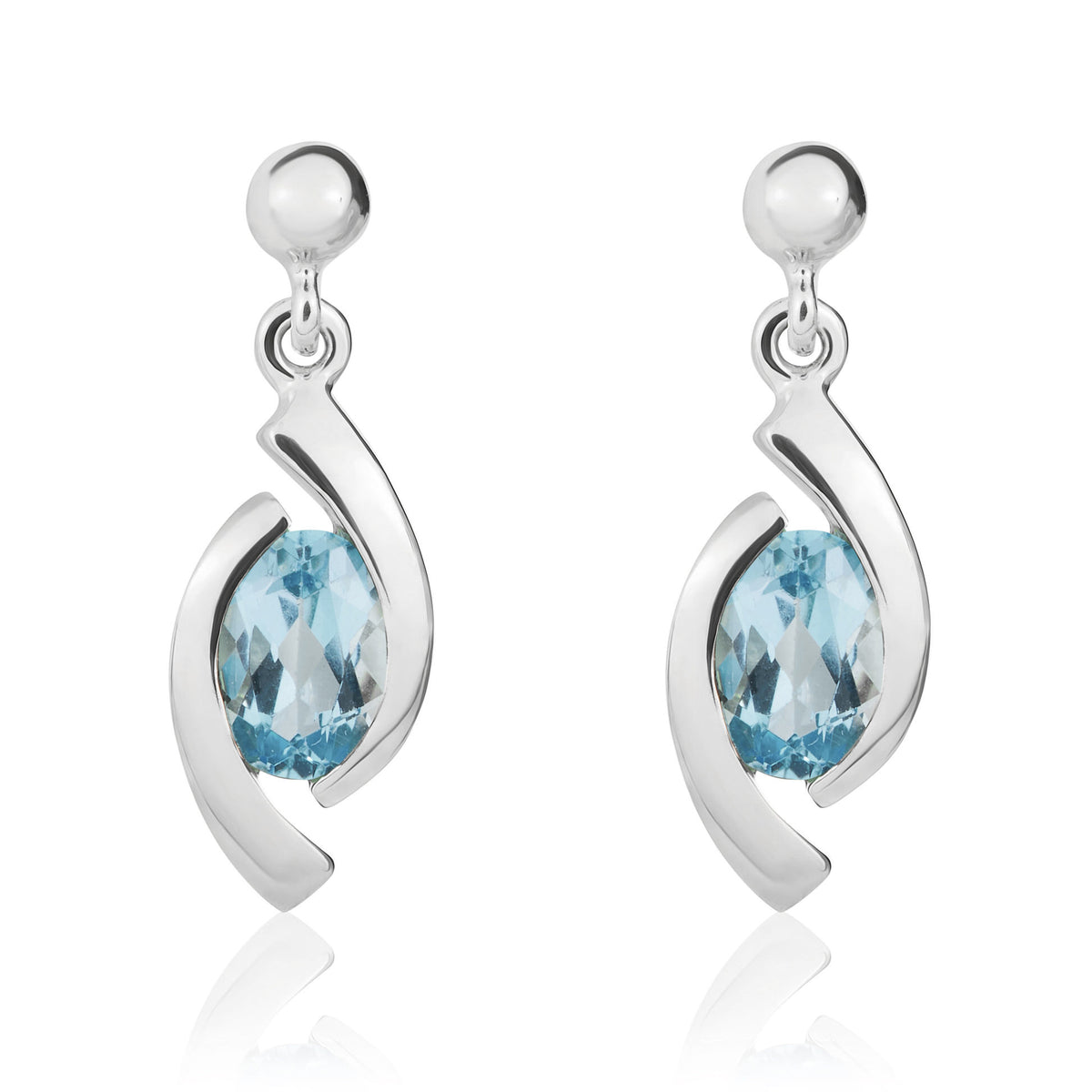 9CT WG OVAL SWISS BLUE TOPAZ 'EYE' DROP EARRINGS WITH 3MM BEAD TOP