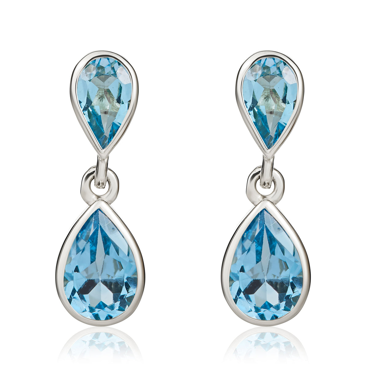 9CT WG PEARSHAPE SWISS BLUE TOPAZ RUBOVER 2ST DROP EARRINGS