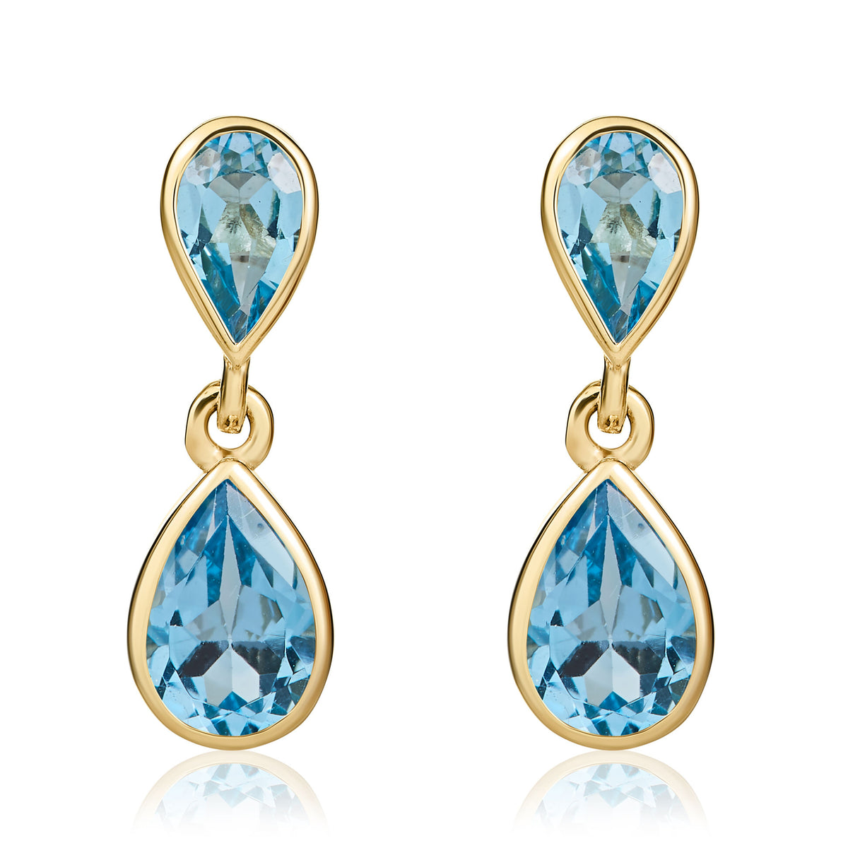 9CT YG PEARSHAPE SWISS BLUE TOPAZ RUBOVER 2ST DROP EARRINGS