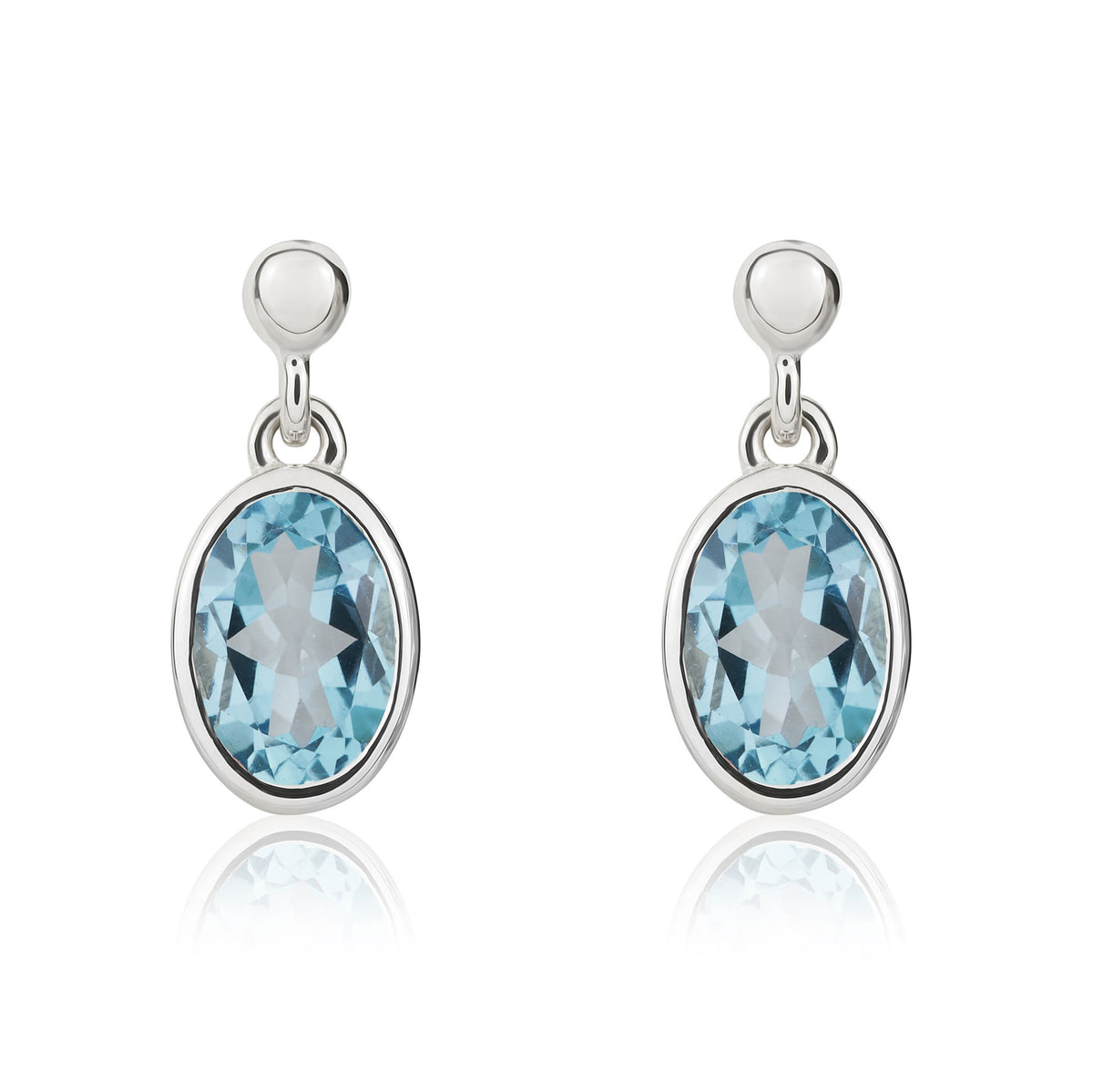 9CT WG 7X5MM OVAL SWISS BLUE TOPAZ RUBOVER DROP EARRINGS WITH BEAD TOP