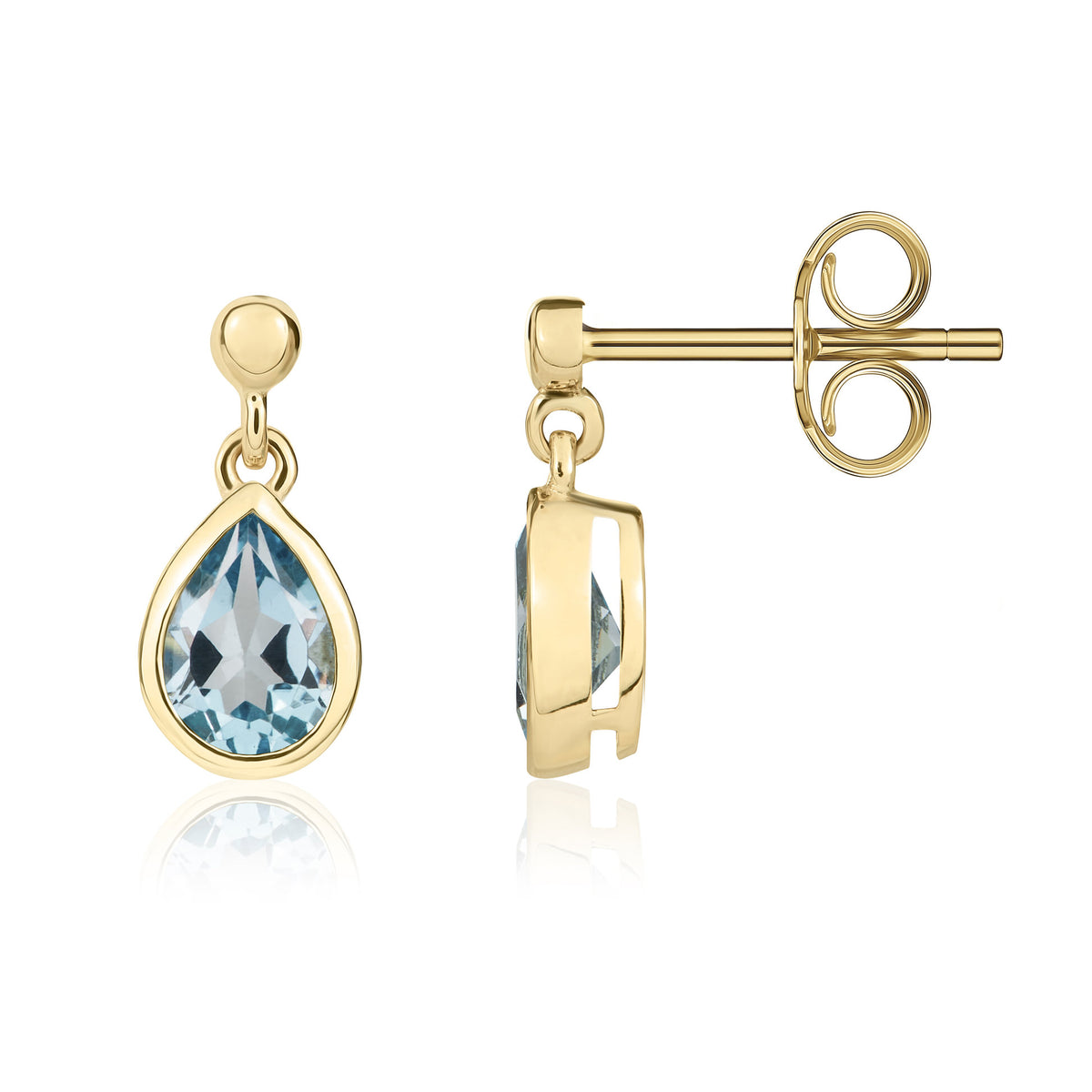 9CT YG 6X4MM PEARSHAPE SWISS BLUE TOPAZ RUBOVER DROP EARRINGS WITH 2.5MM BEAD TOP
