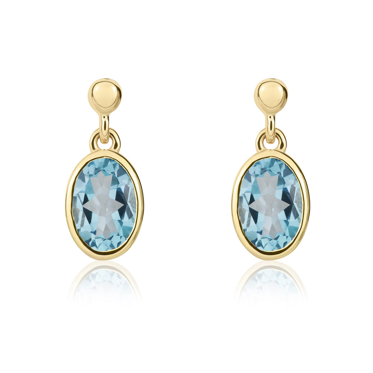 9CT YG 6X4 OVAL SWISS BLUE TOPAZ RUBOVER DROP EARRINGS WITH 2.5MM BEAD TOP