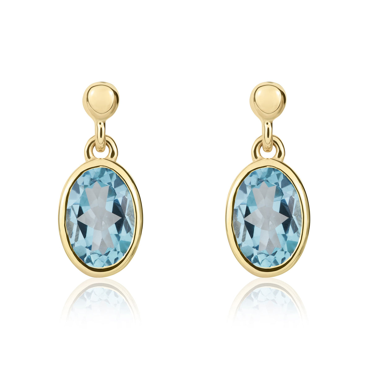 9CT YG 7X5MM OVAL SWISS BLUE TOPAZ RUBOVER DROP EARRINGS WITH BEAD TOP