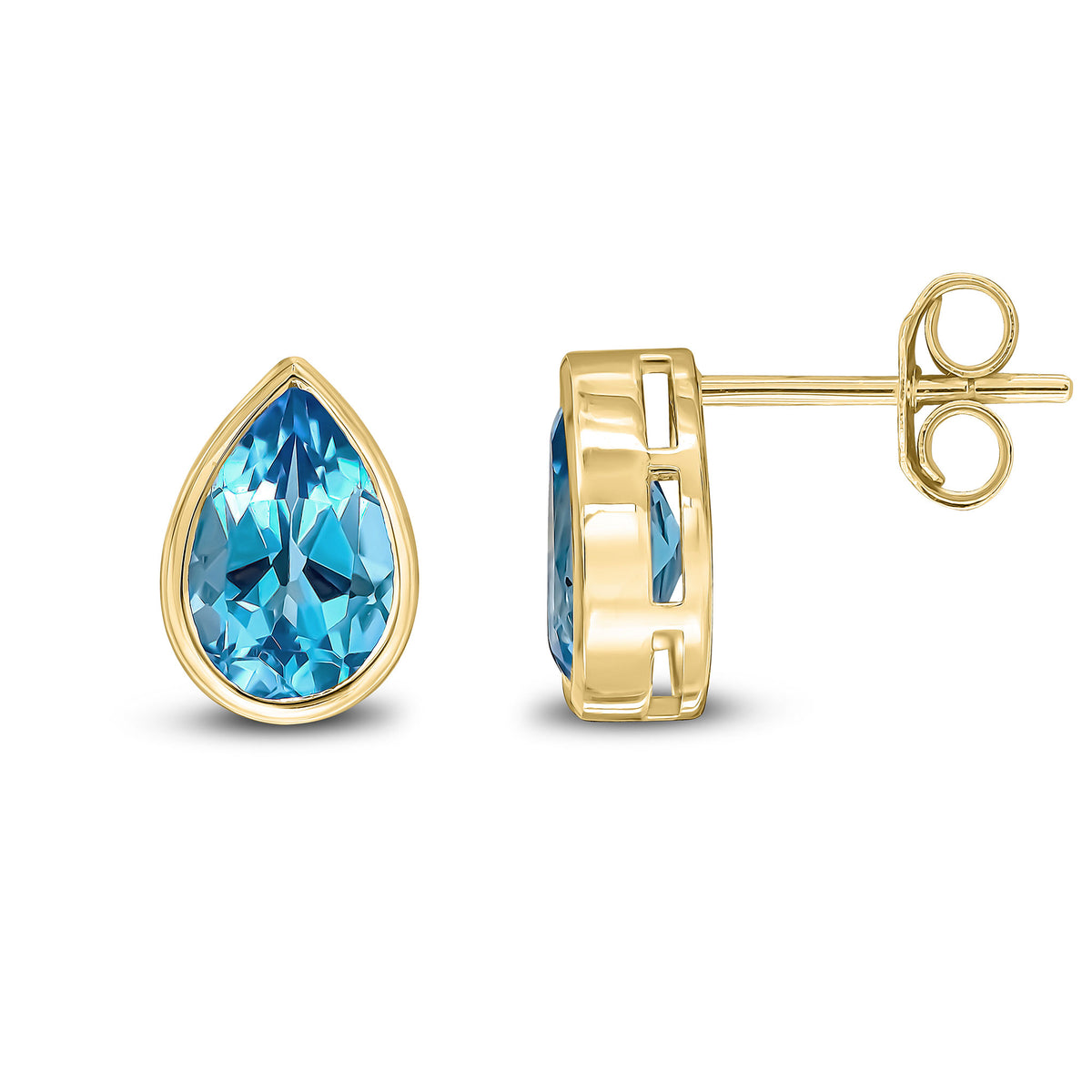9CT YG 9X6 PEARSHAPE SWISS BLUE TOPAZ RUBOVER EARRINGS