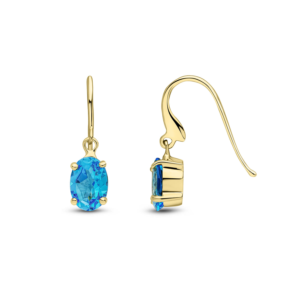 9CT YG 7X5 OVAL SWISS BLUE TOPAZ CLAW SET DROP EARRINGS WITH HOOK WIRE FITTING