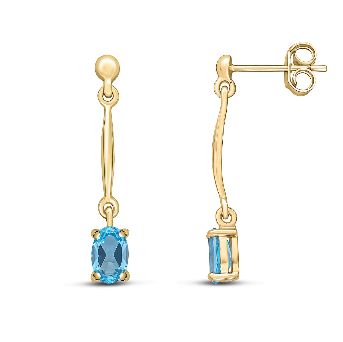 9CT YG CLAW SET 6X4MM OVAL SWISS BLUE TOPAZ AND BAR DROP EARRINGS