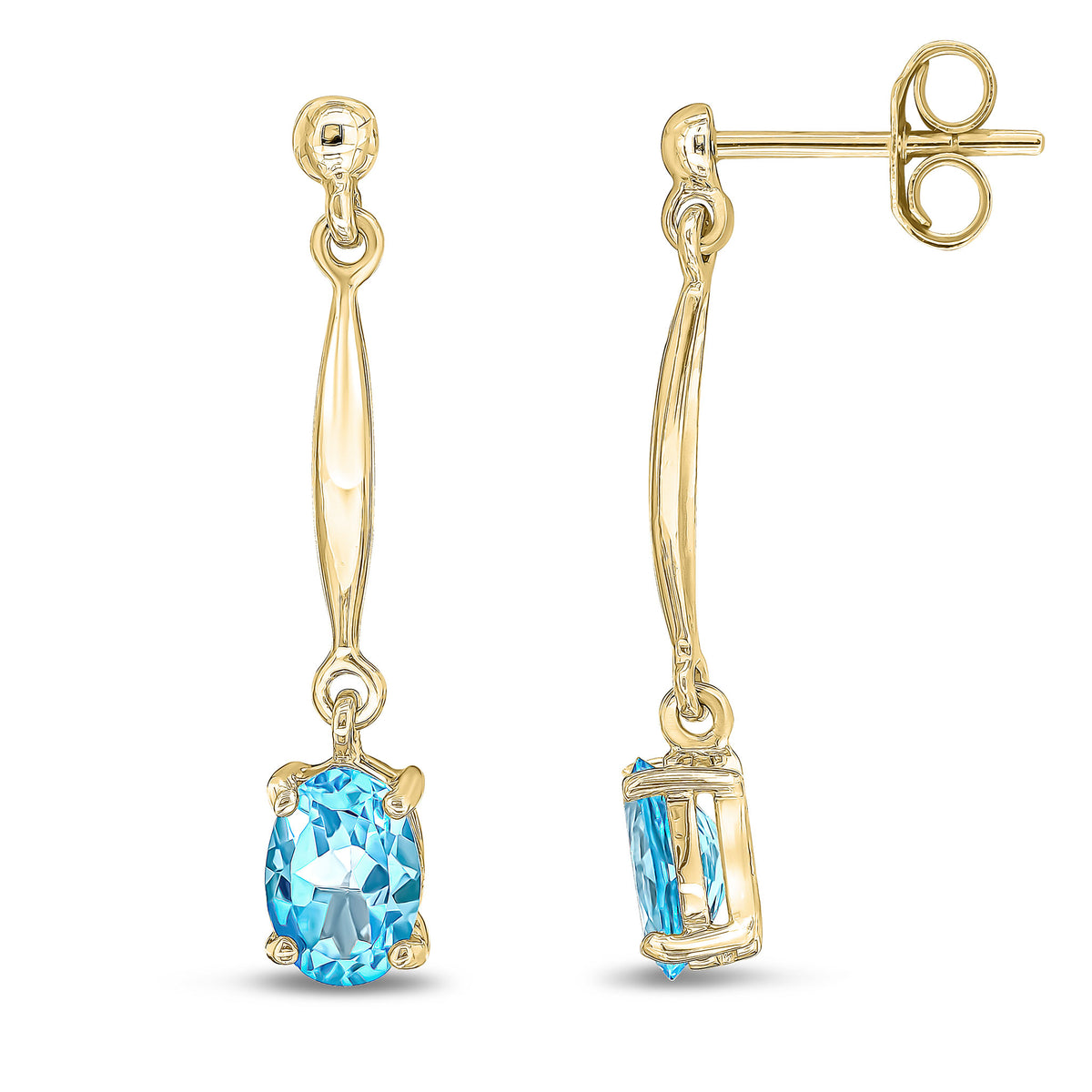 9CT YG 7X5MM OVAL SWISS BLUE TOPAZ AND BAR DROP EARRINGS WITH BEAD TOP