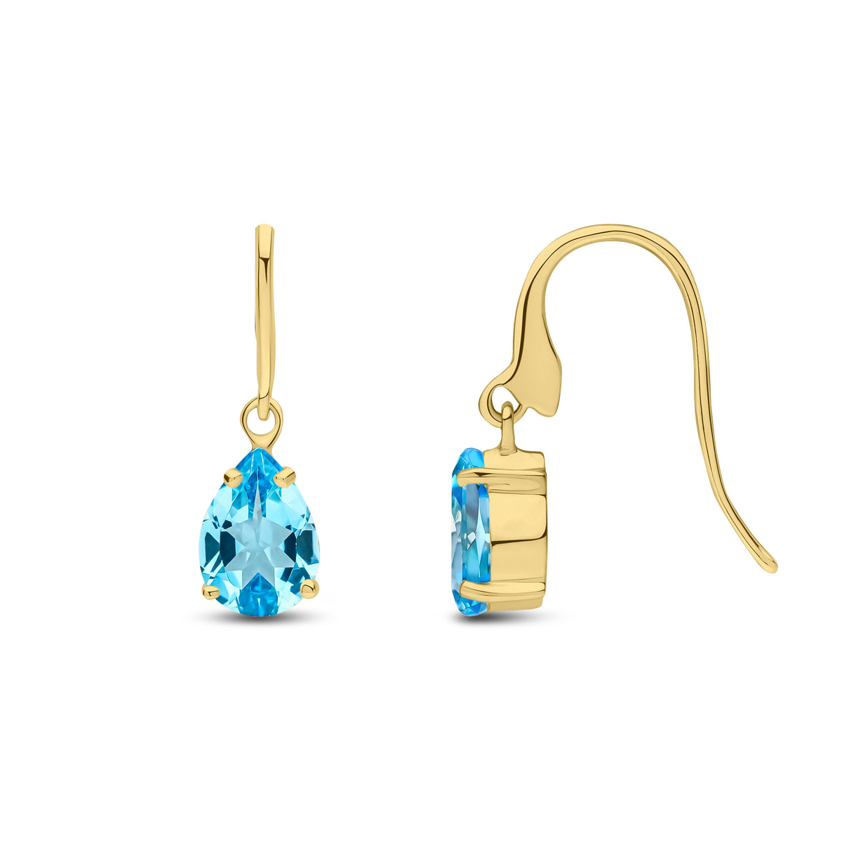 9CT YG 7X5MM PEARSHAPE SWISS BLUE TOPAZ CLAW SET WIRE HOOK DROP EARRINGS