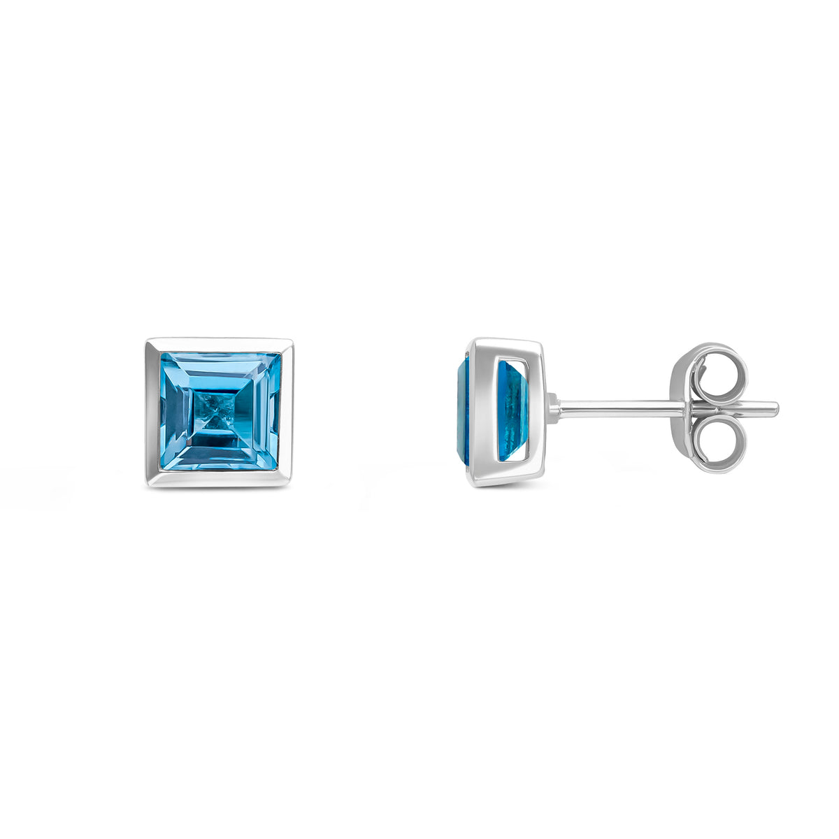 9CT WG 5MM SQUARE SWISS BLUE TOPAZ RUBOVER SET EARRINGS