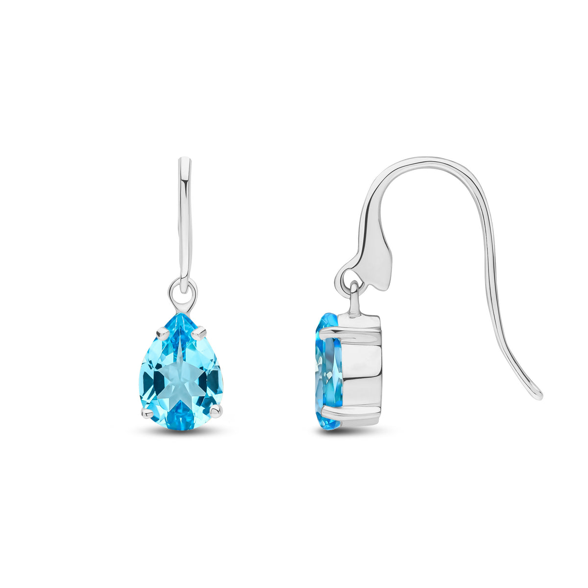 9CT WG 7X5MM PEARSHAPE SWISS BLUE TOPAZ CLAW SET WIRE HOOK DROP EARRINGS