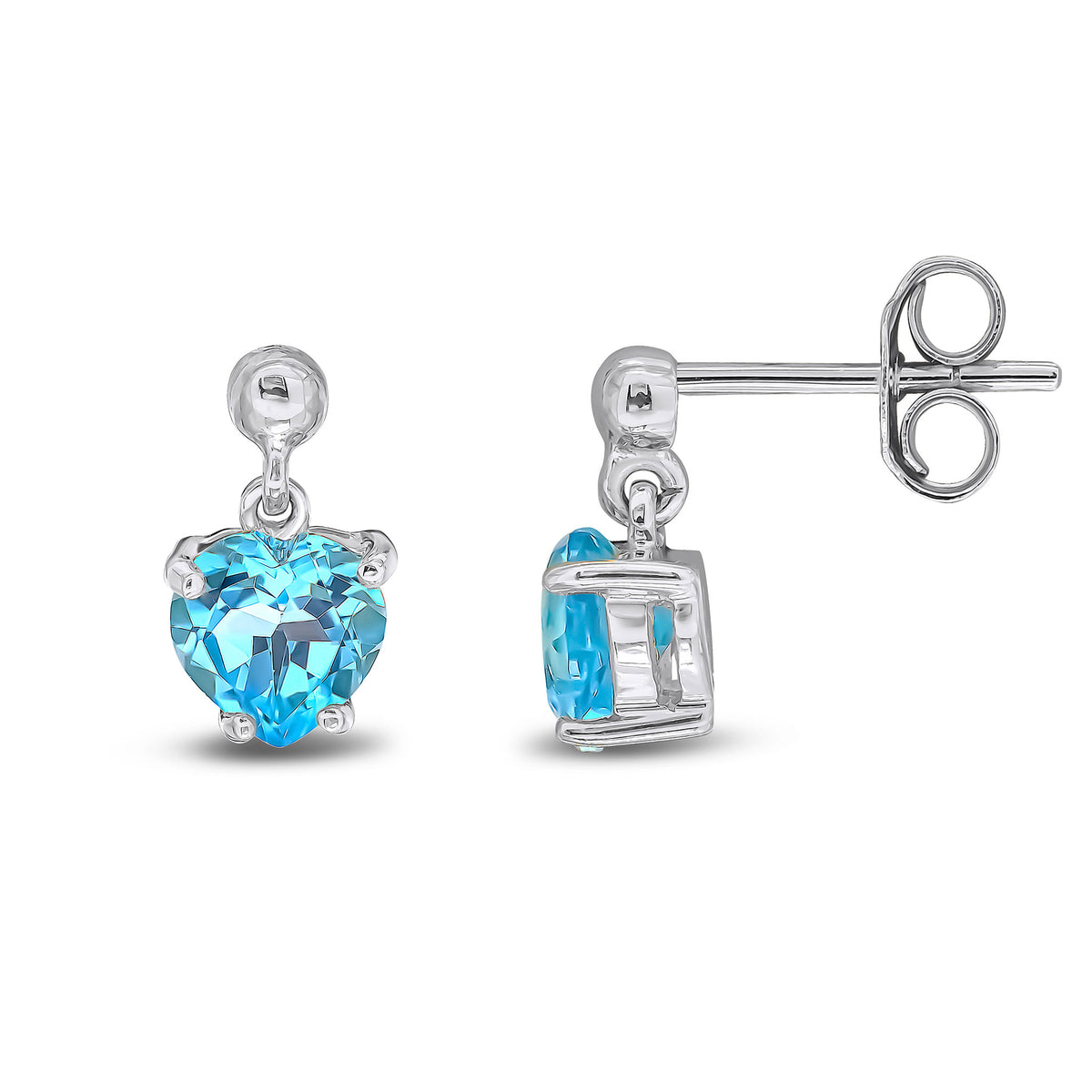 9CT WG 6MM HEART-SHAPE SWISS BLUE TOPAZ CLAW SET DROP EARRINGS WITH 3MM BEAD TOP