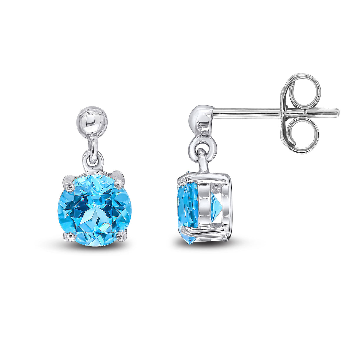 9CT WG 6MM ROUND SWISS BLUE TOPAZ CLAW SET DROP EARRINGS WITH BEAD TOP