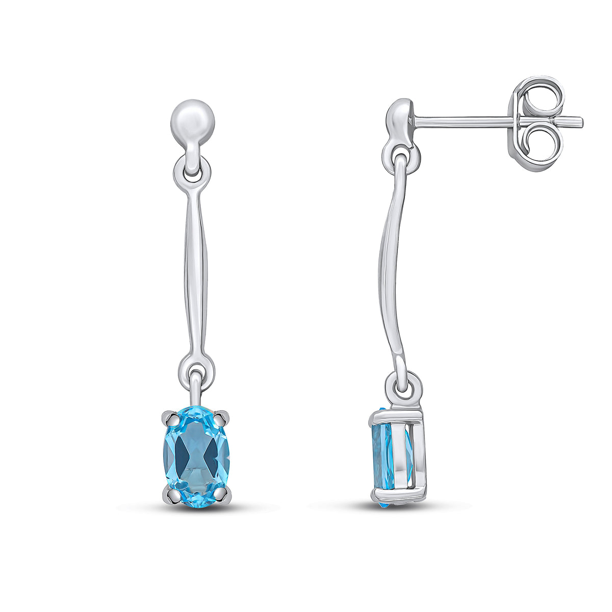9CT WG CLAW SET 6X4MM OVAL SWISS BLUE TOPAZ AND BAR DROP EARRINGS