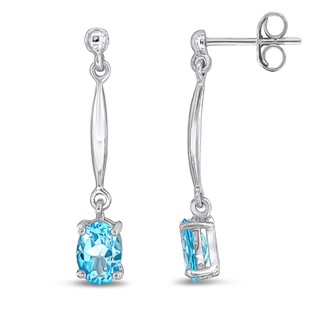 9CT WG 7X5MM OVAL SWISS BLUE TOPAZ AND BAR DROP EARRINGS WITH BEAD TOP