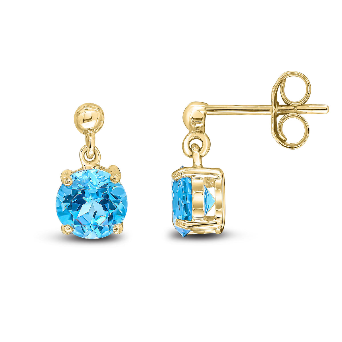 9CT YG 6MM ROUND SWISS BLUE TOPAZ CLAW SET DROP EARRINGS WITH BEAD TOP