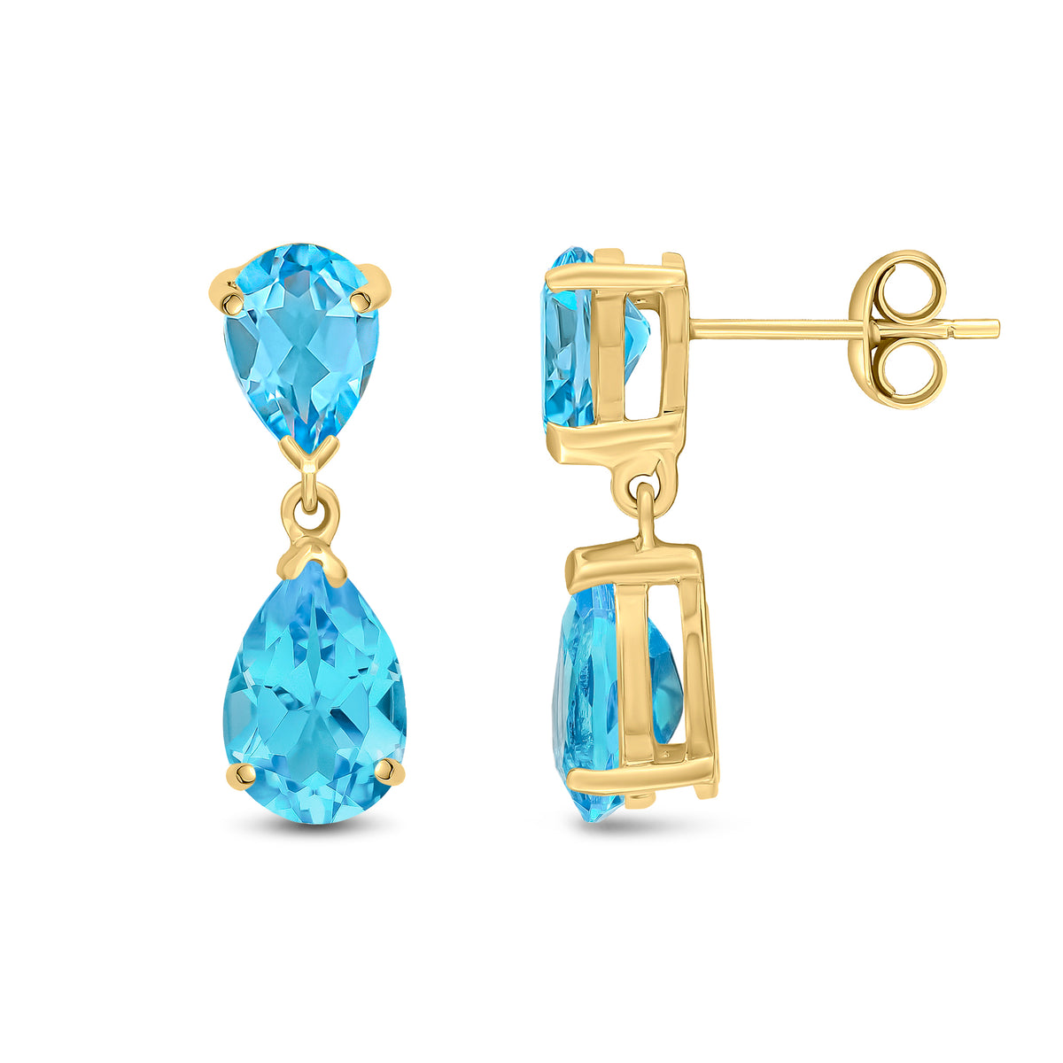 9CT YG PEARSHAPE SWISS BLUE TOPAZ 2ST CLAW SET DROP EARRINGS