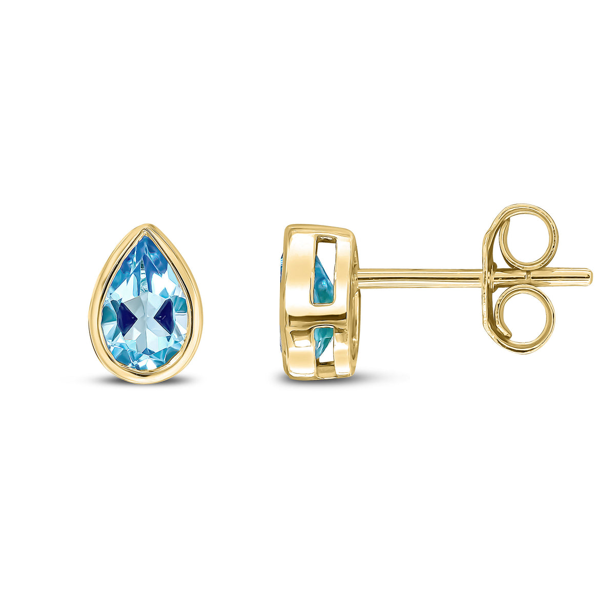 9CT YG 6X4 PEARSHAPE SWISS BLUE TOPAZ RUBOVER SET EARRINGS