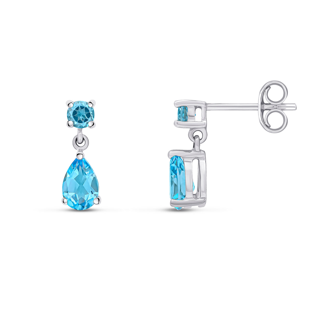 9CT WG ROUND AND PEARSHAPE SWISS BLUE TOPAZ 2ST CLAW SET DROP EARRINGS