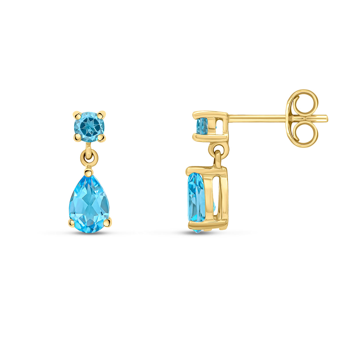 9CT YG ROUND AND PEARSHAPE SWISS BLUE TOPAZ 2ST CLAW SET DROP EARRINGS
