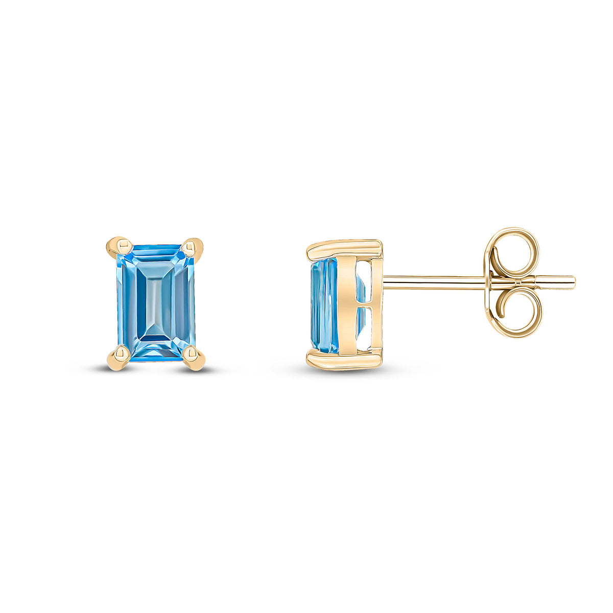 9CT YG 6X4 OCTAGON SWISS BLUE TOPAZ CLAW EARRINGS