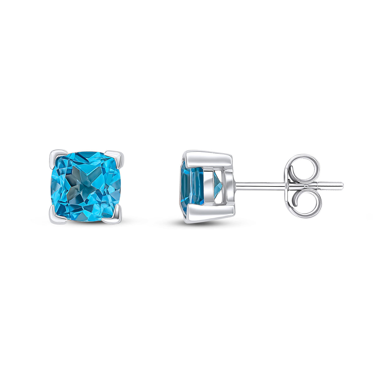 9CT WG 6MM CUSHION SWISS BLUE TOPAZ CLAW SET EARRINGS