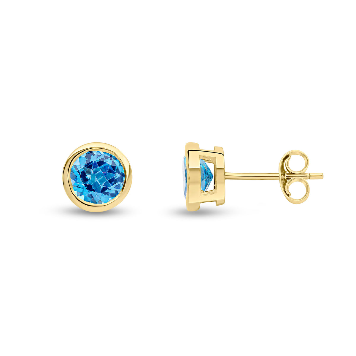 9CT YG 6MM ROUND SWISS BLUE TOPAZ RUBOVER EARRINGS