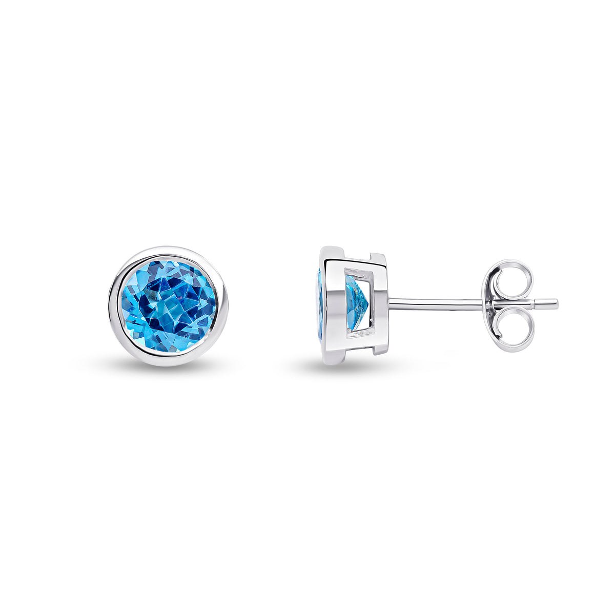 9CT WG 6MM ROUND SWISS BLUE TOPAZ RUBOVER EARRINGS