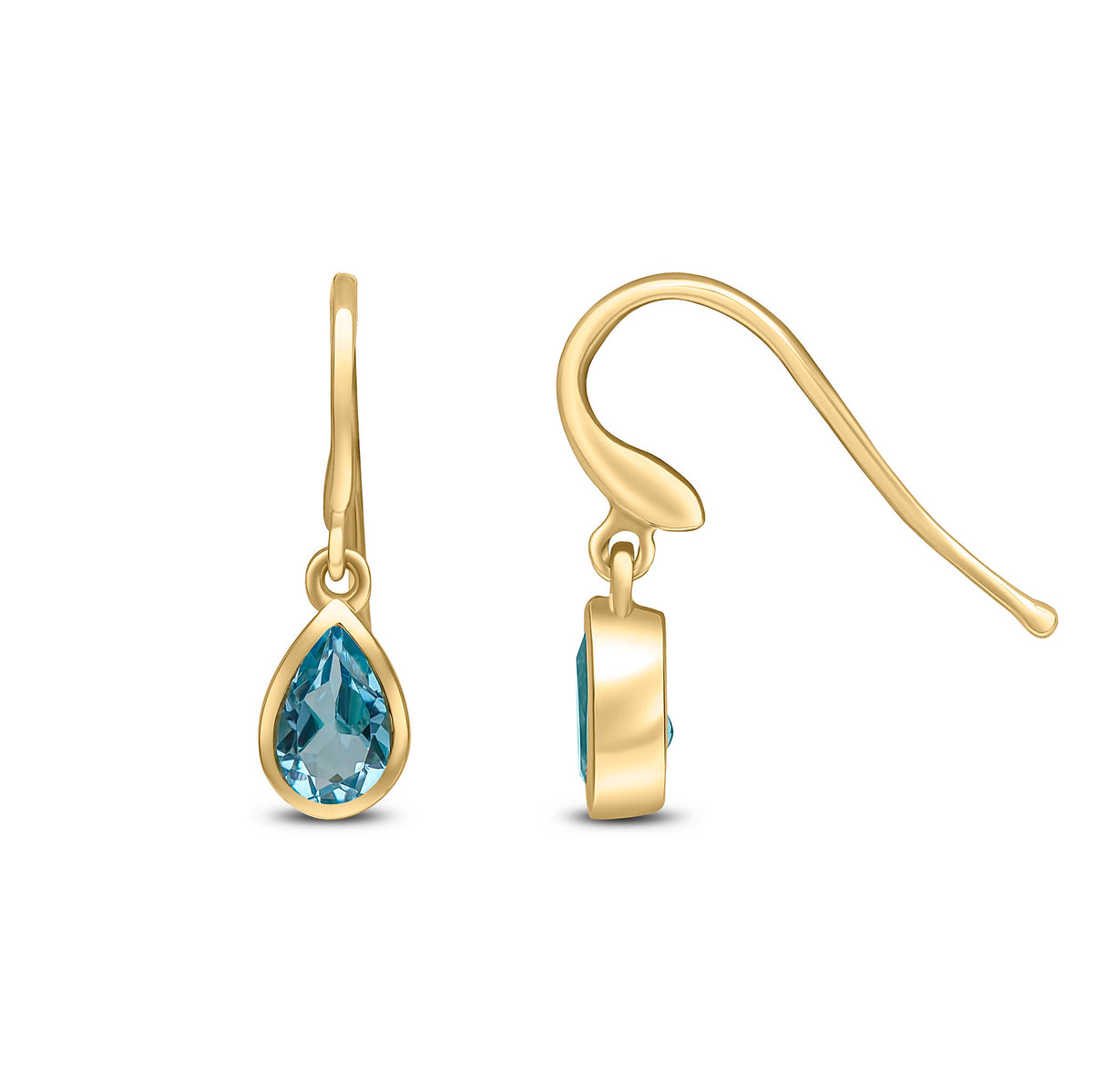 9CT YG 6X4 PEARSHAPE SWISS BLUE TOPAZ RUBOVER DROP EARRINGS. HOOK WIRE FITTING