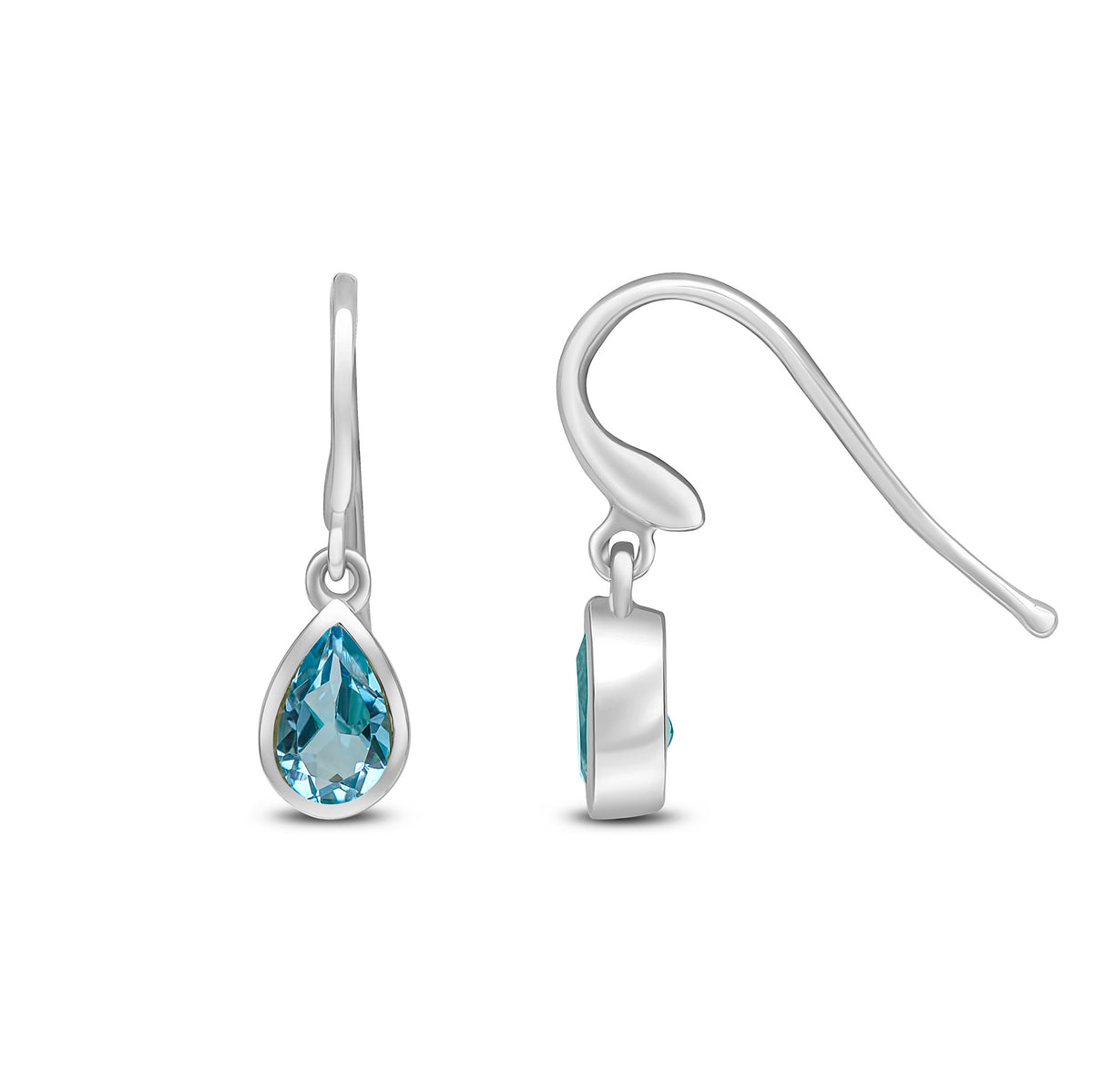 9CT WG 6X4 PEARSHAPE SWISS BLUE TOPAZ RUBOVER DROP EARRINGS. HOOK WIRE FITTING